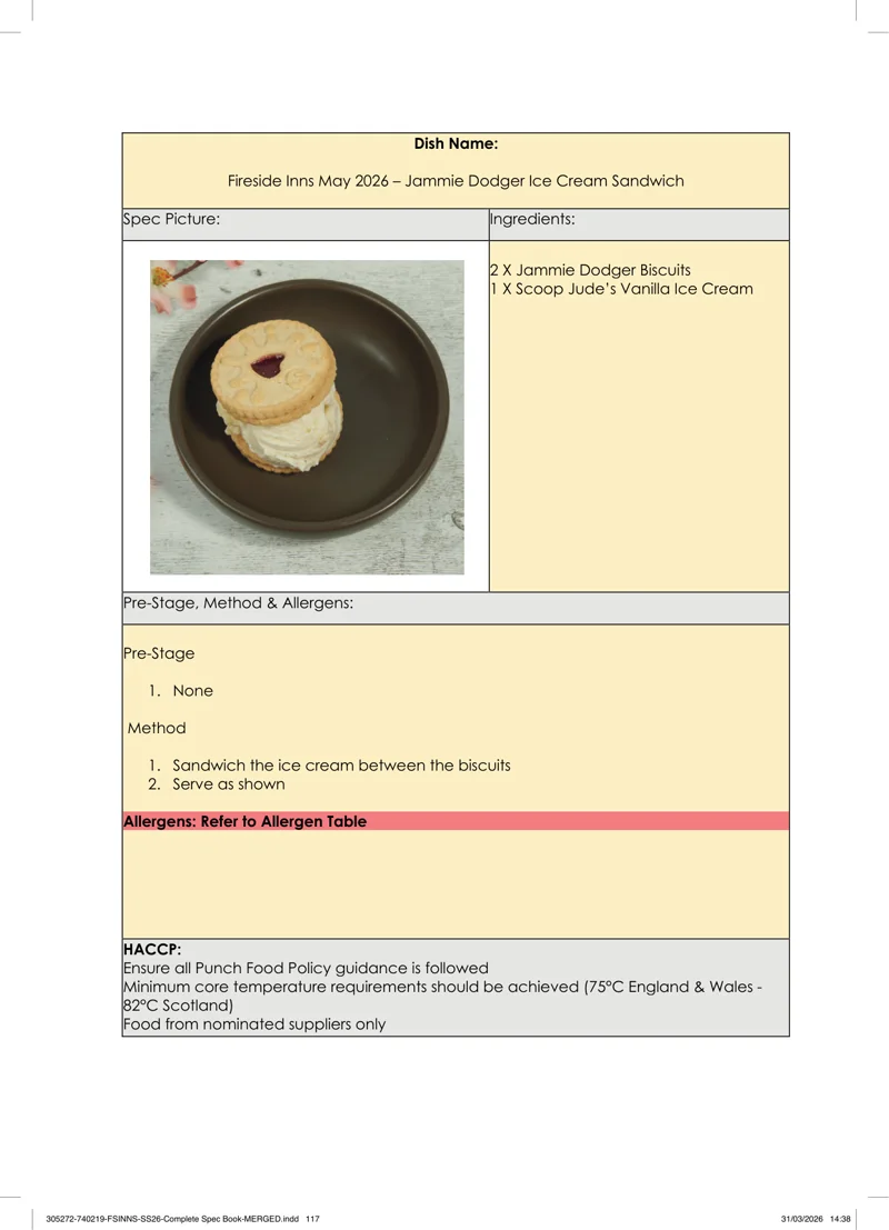 Jammie Dodger Ice Cream Sandwich spec sheet