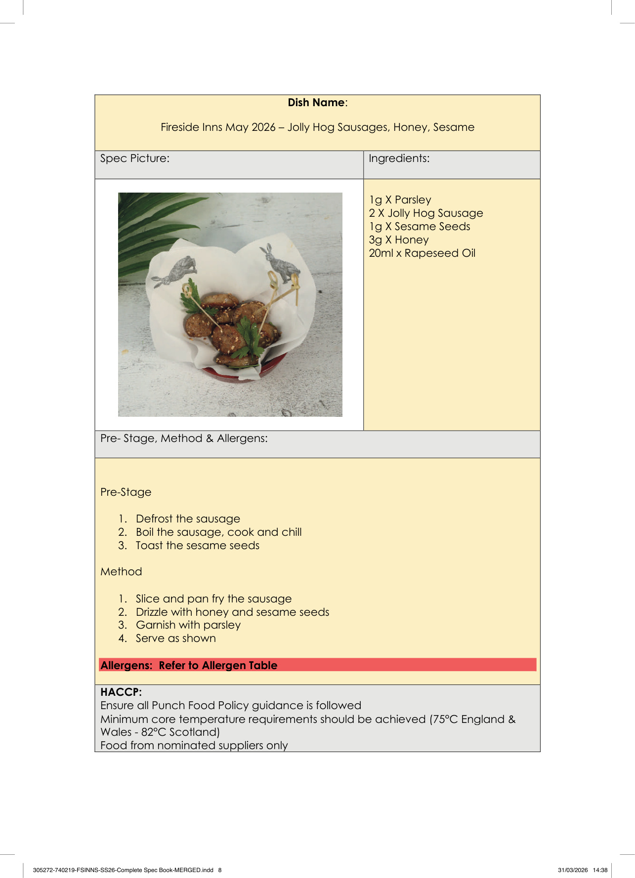 Jolly Hog Sausages, Honey, Sesame spec sheet