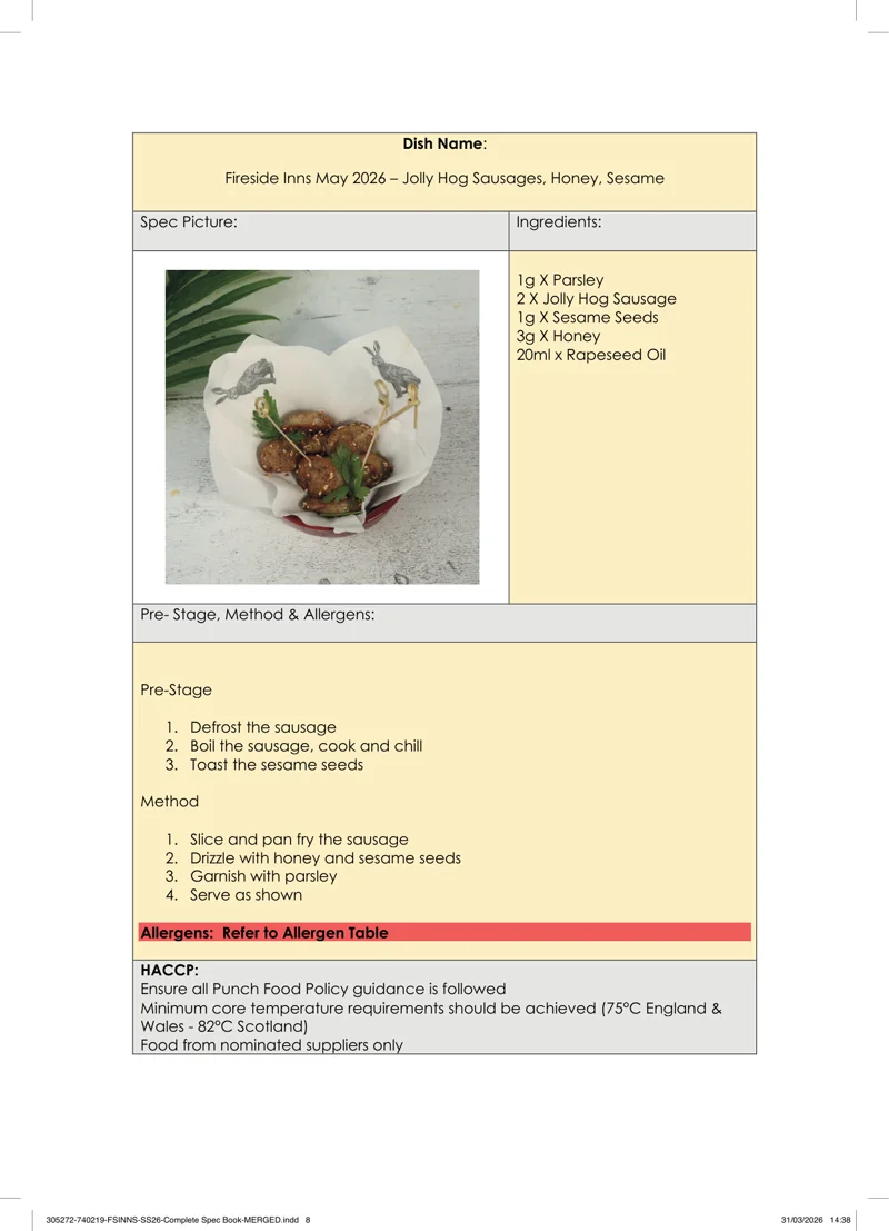 Jolly Hog Sausages, Honey, Sesame spec sheet