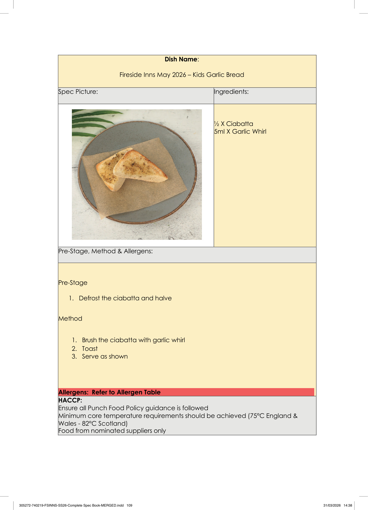 Kids Garlic Bread spec sheet