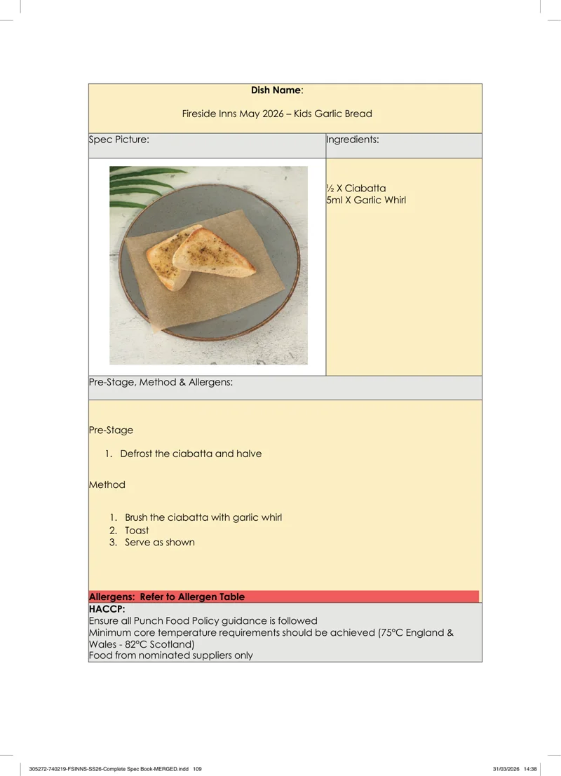 Kids Garlic Bread spec sheet