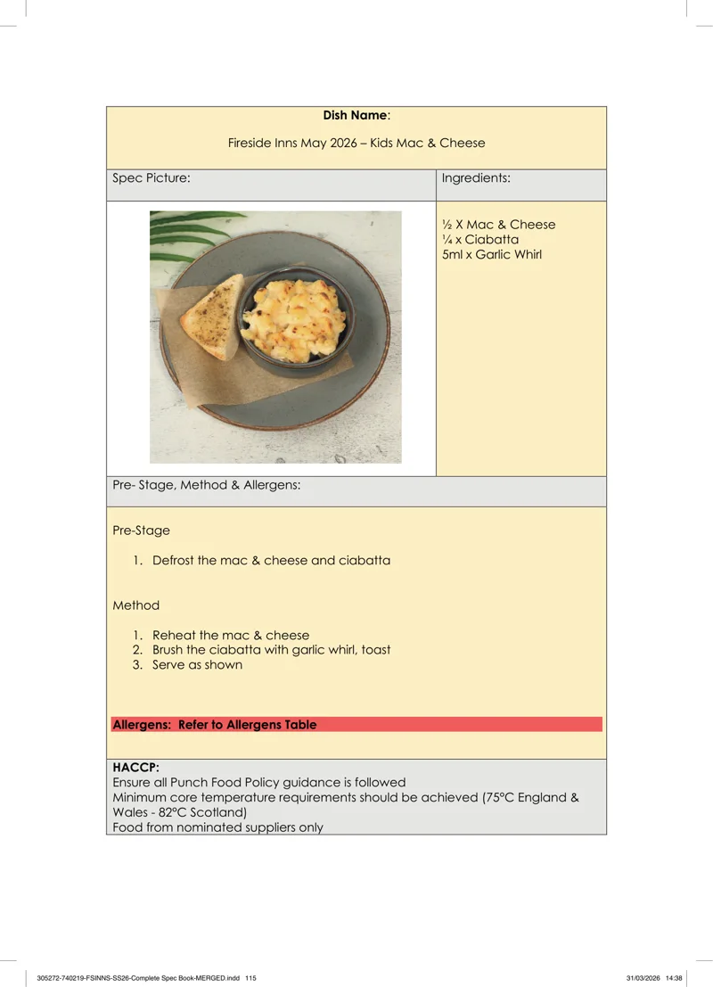 Kids Mac & Cheese spec sheet