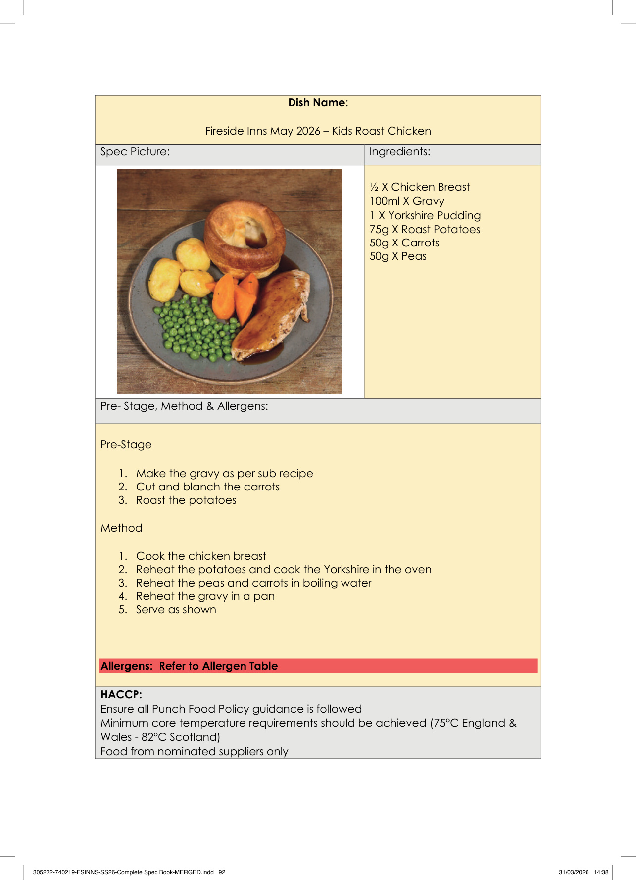 Kids Roast Chicken spec sheet