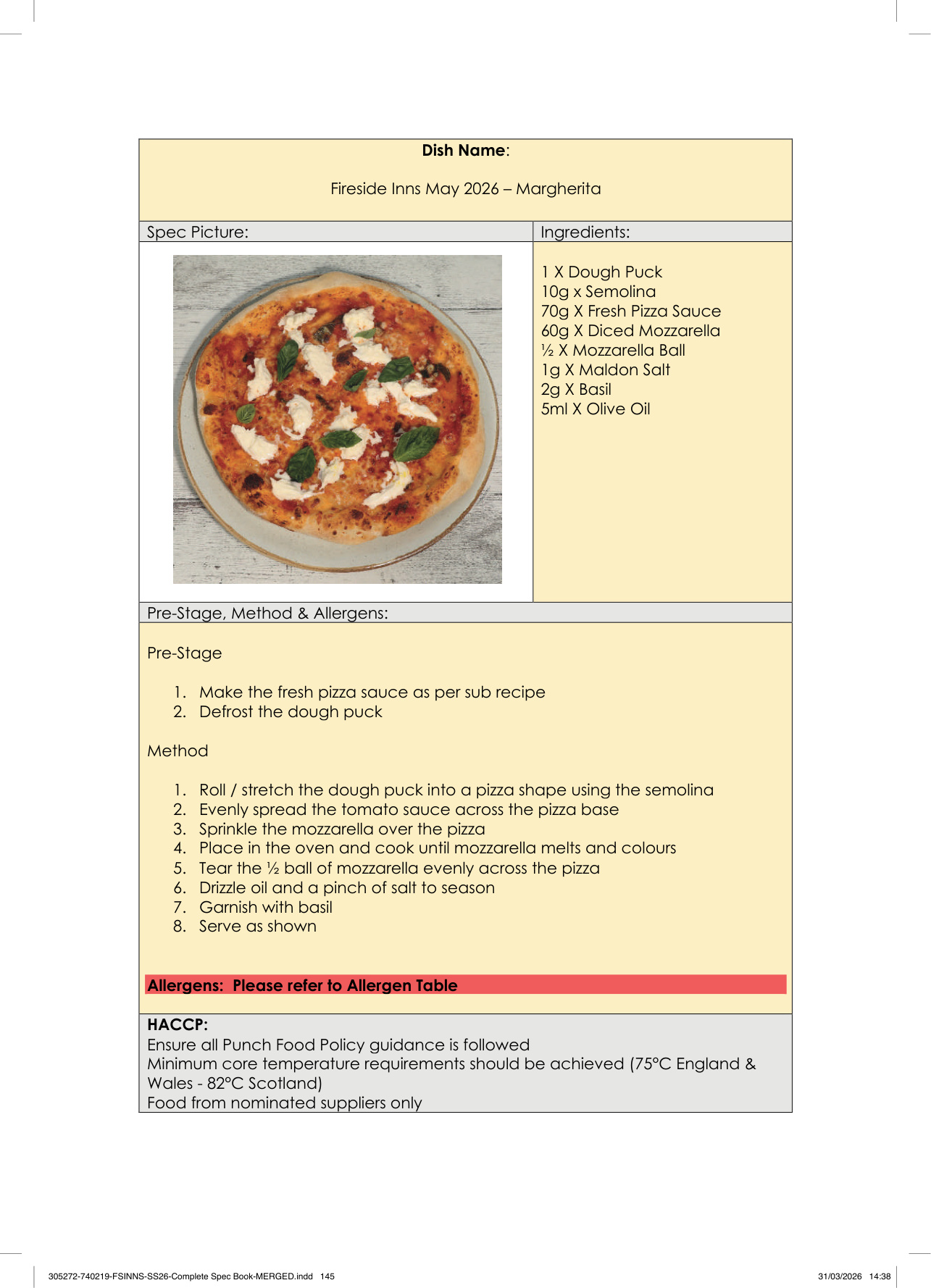 Margherita spec sheet