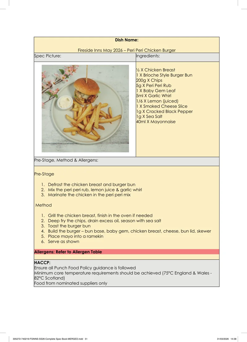Peri Peri Chicken Burger spec sheet