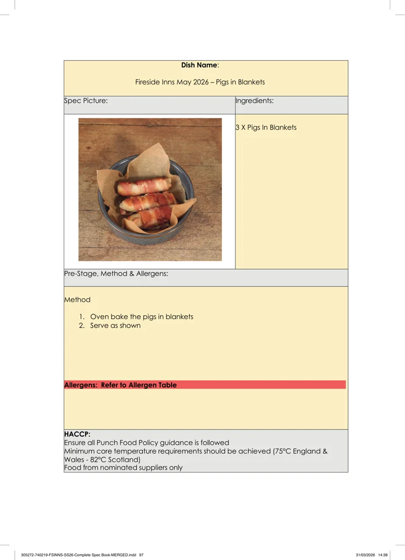 Pigs in Blankets spec sheet