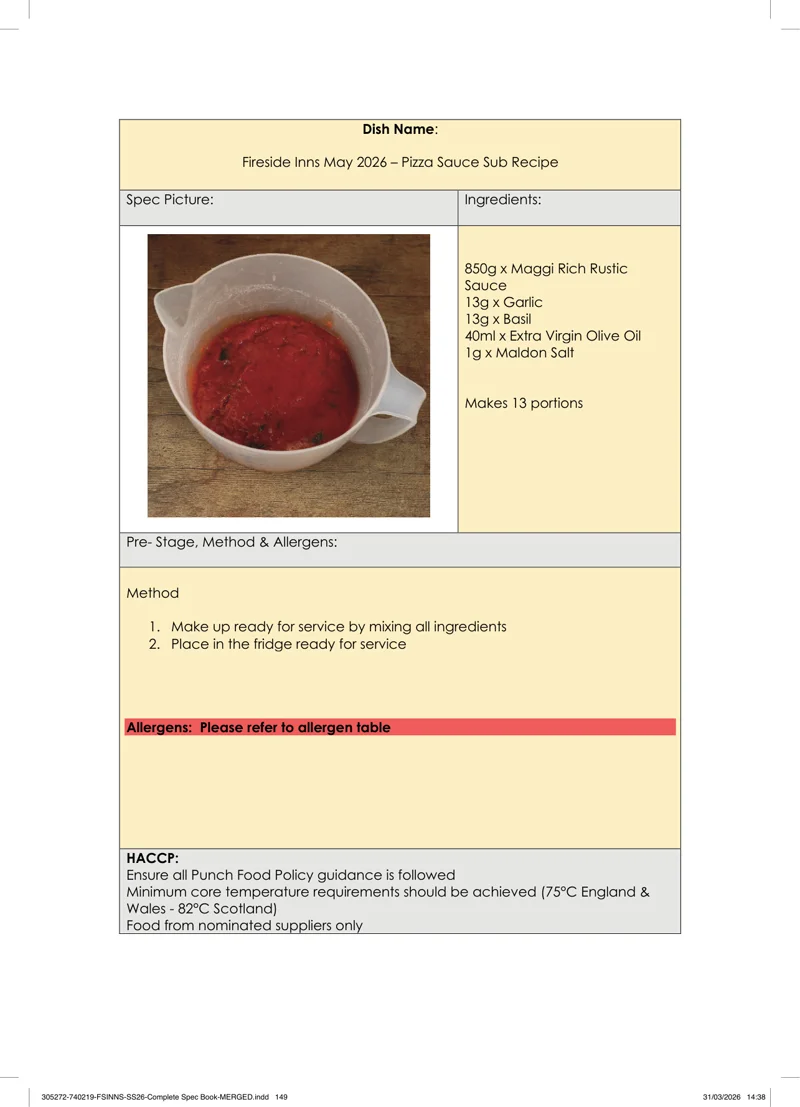 Pizza Sauce Sub Recipe spec sheet