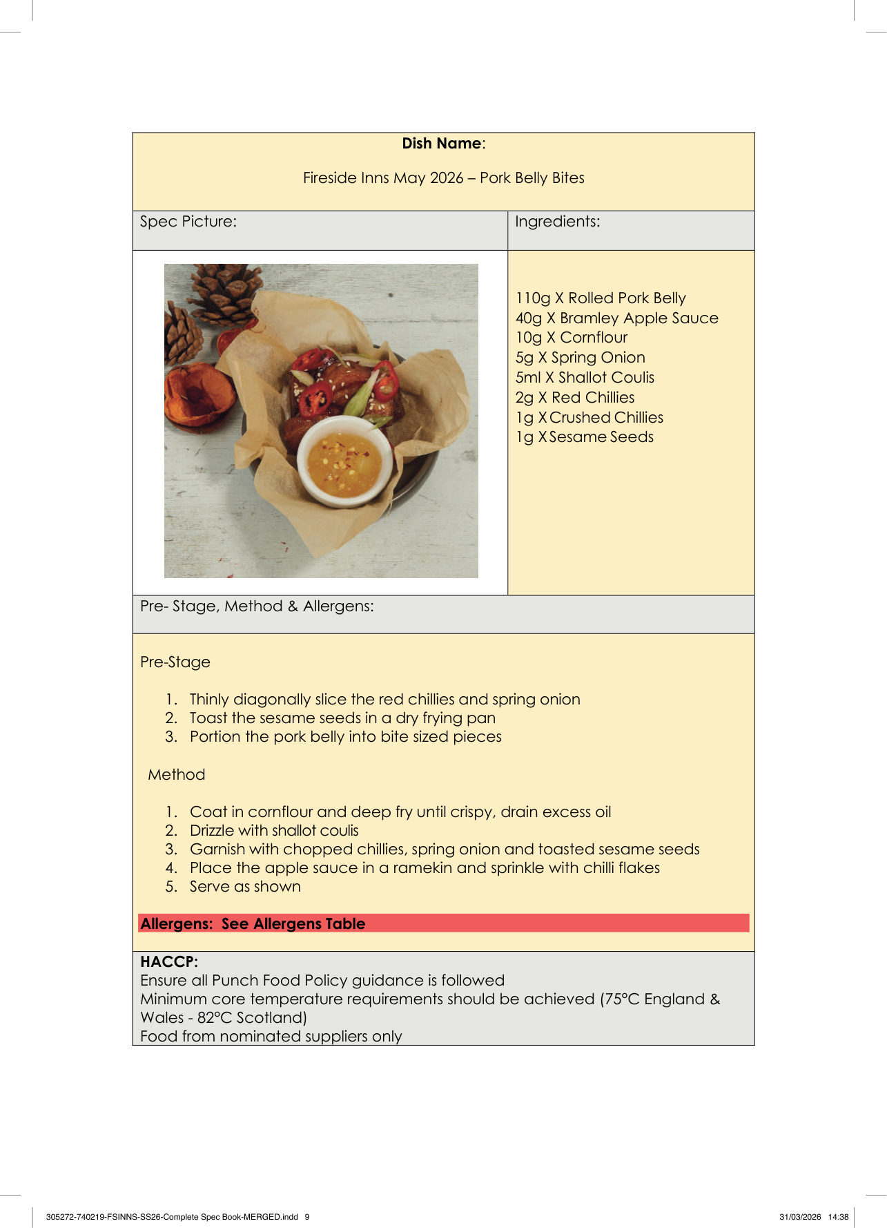 Pork Belly Bites spec sheet