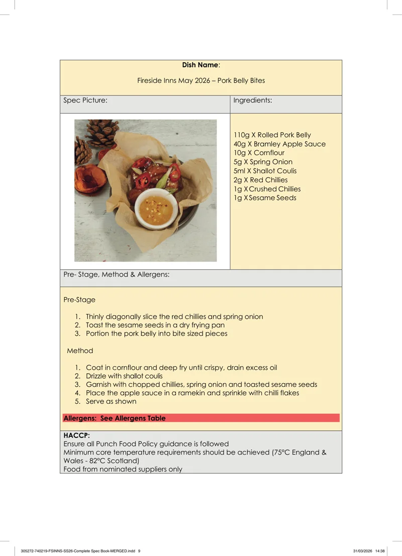 Pork Belly Bites spec sheet