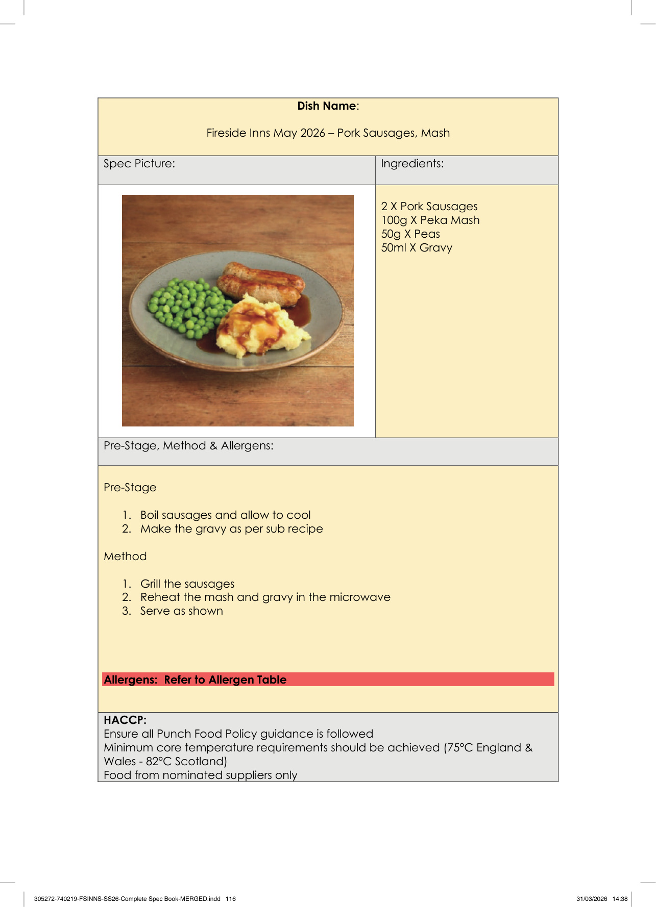 Pork Sausages, Mash spec sheet