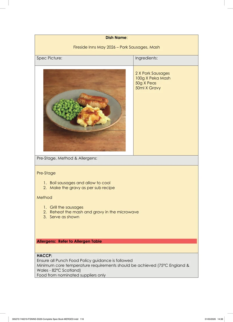 Pork Sausages, Mash spec sheet