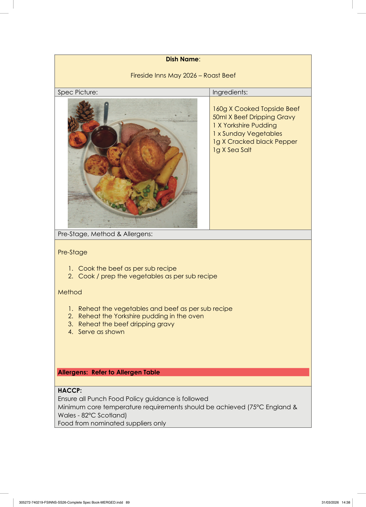 Roast Beef spec sheet