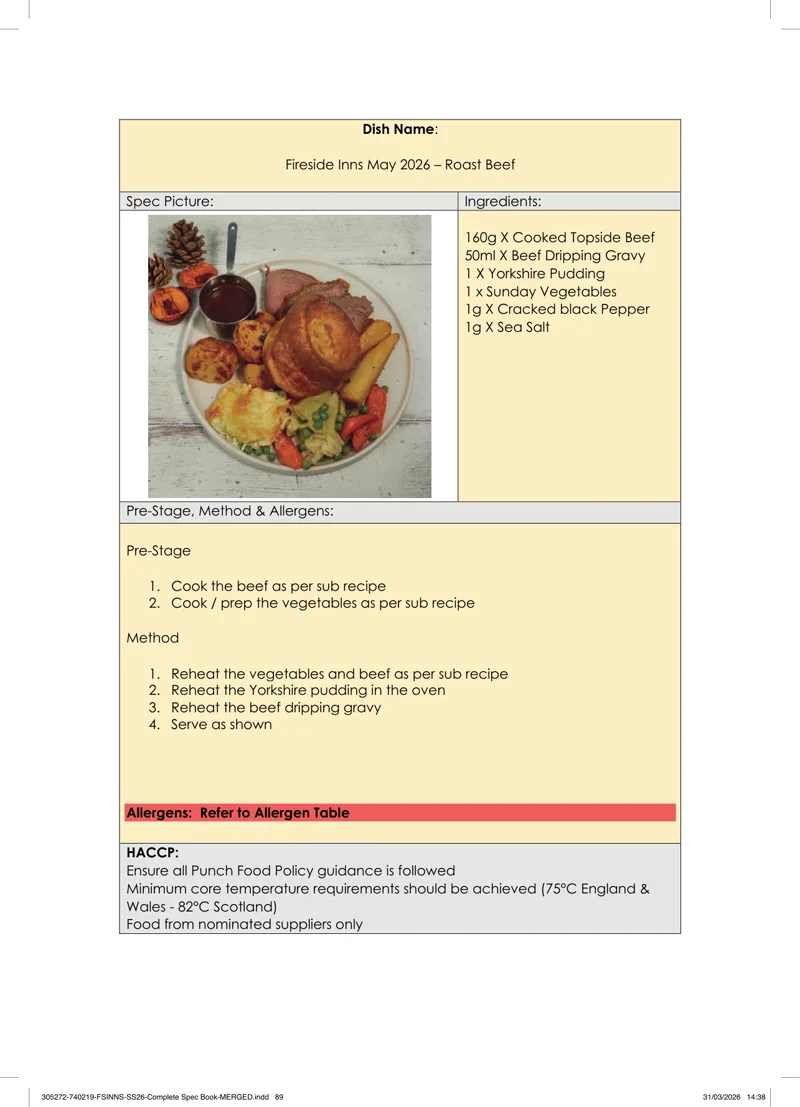 Roast Beef spec sheet