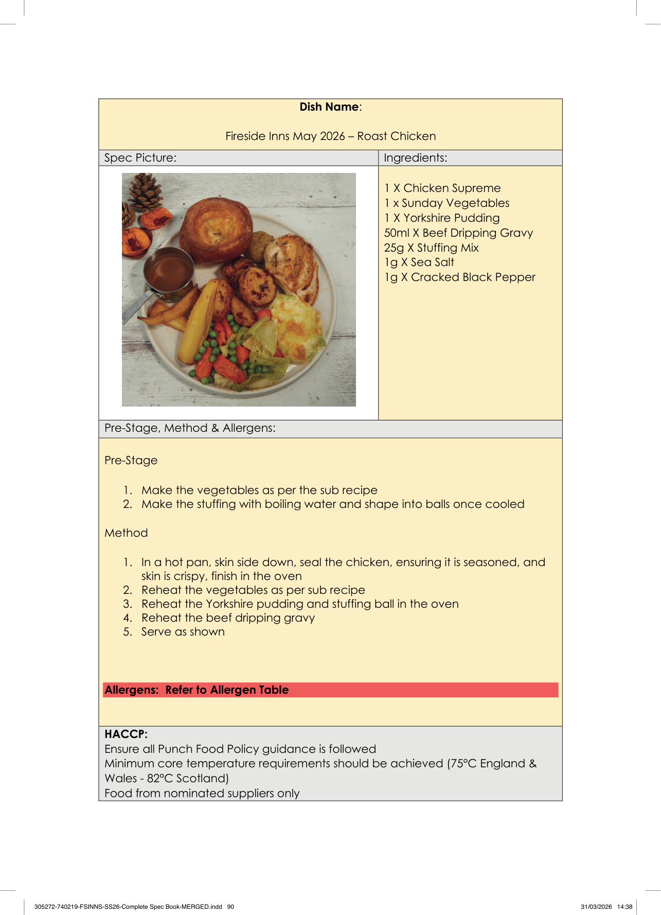 Roast Chicken spec sheet