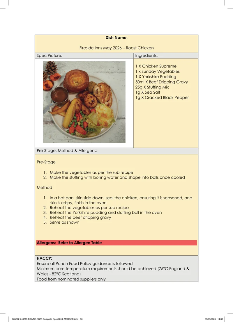 Roast Chicken spec sheet