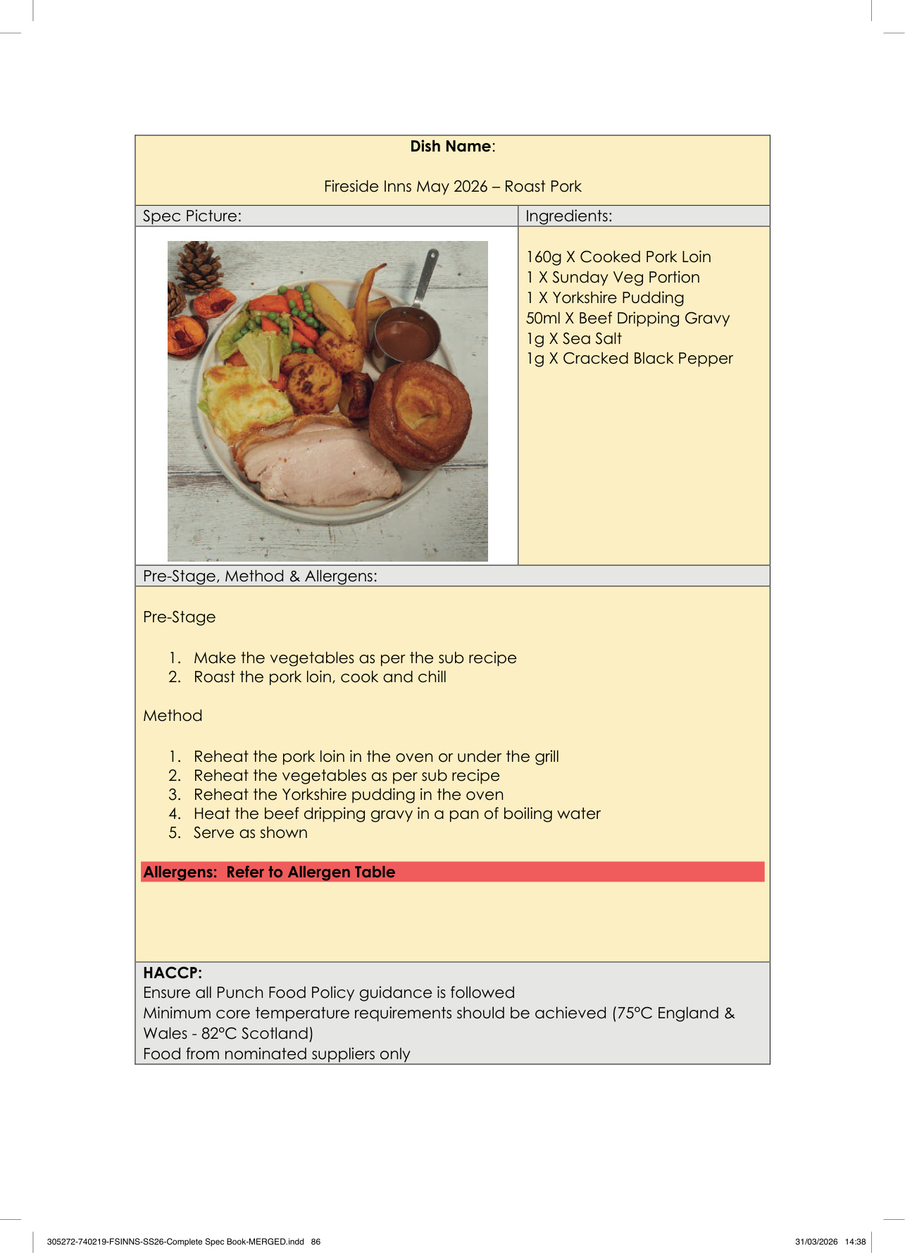Roast Pork spec sheet