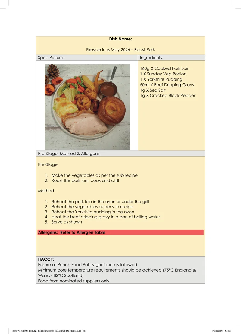 Roast Pork spec sheet