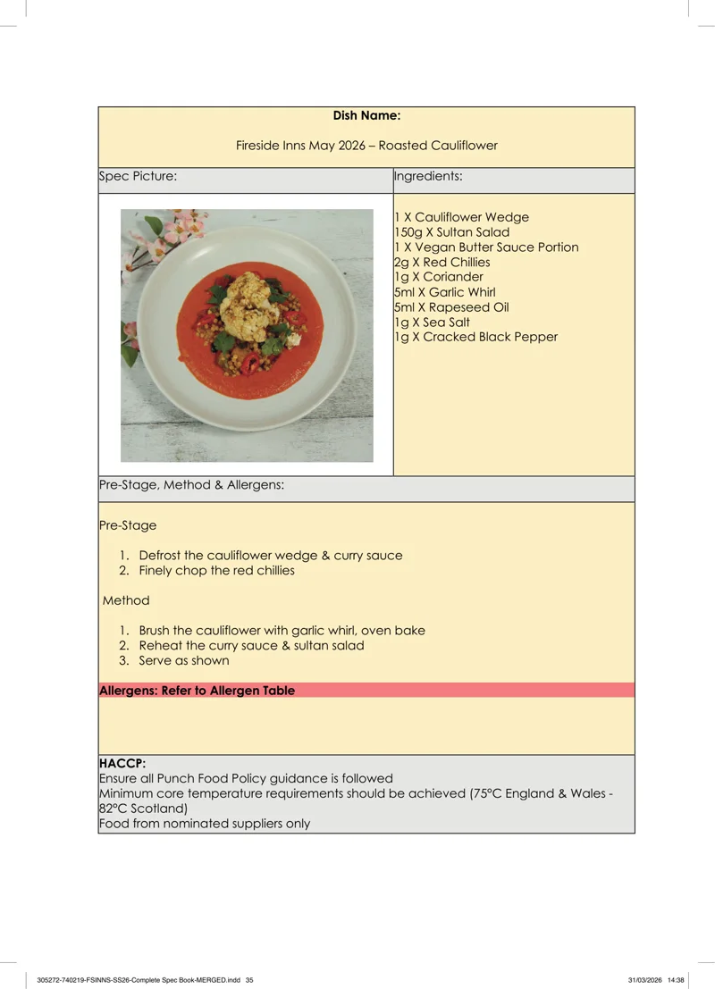 Roasted Cauliflower spec sheet