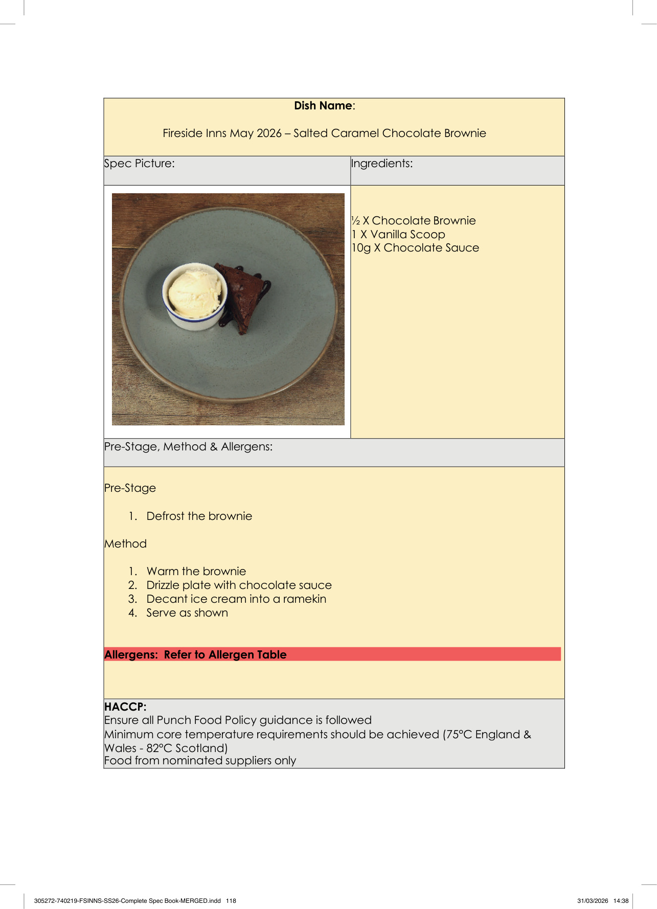 Salted Caramel Chocolate Brownie spec sheet