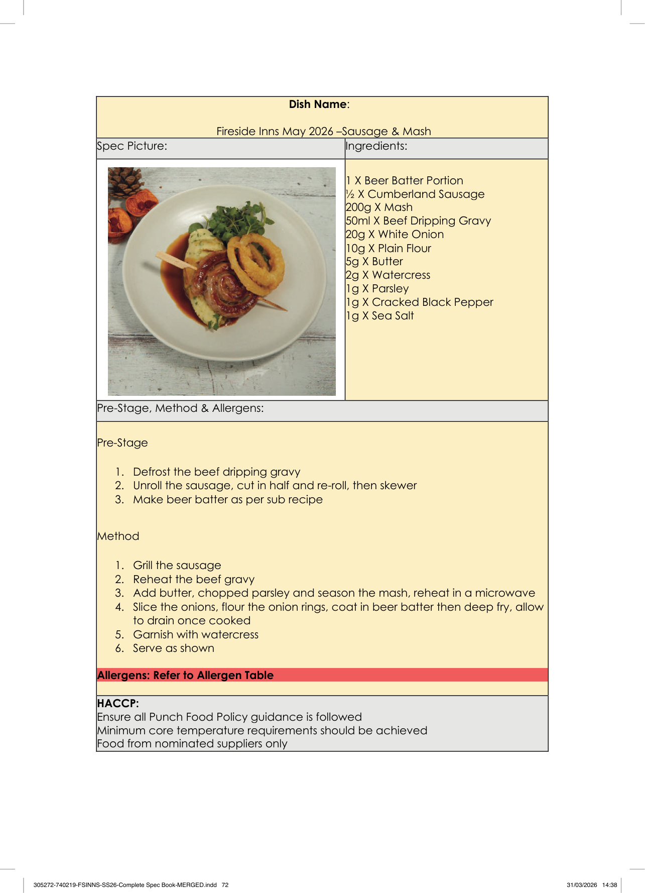 Sausage & Mash spec sheet