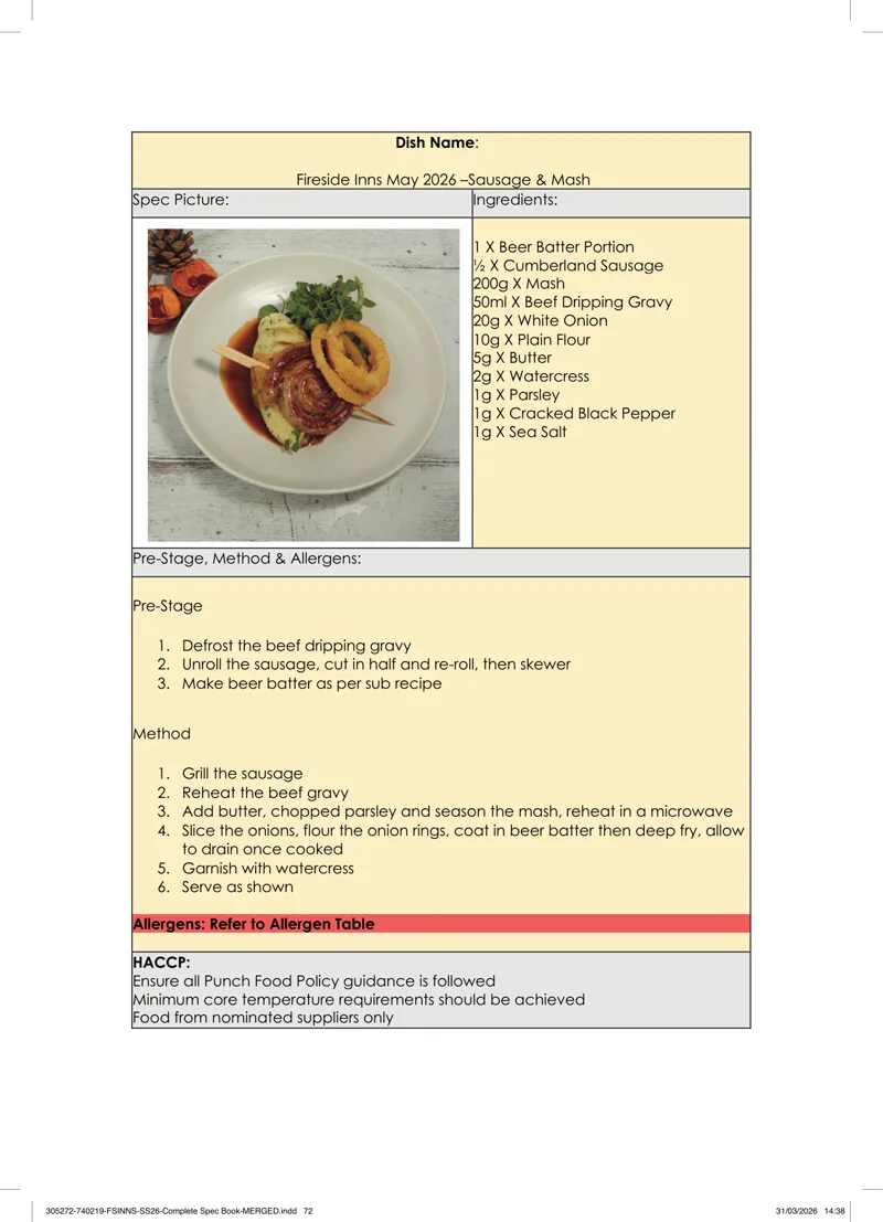 Sausage & Mash spec sheet