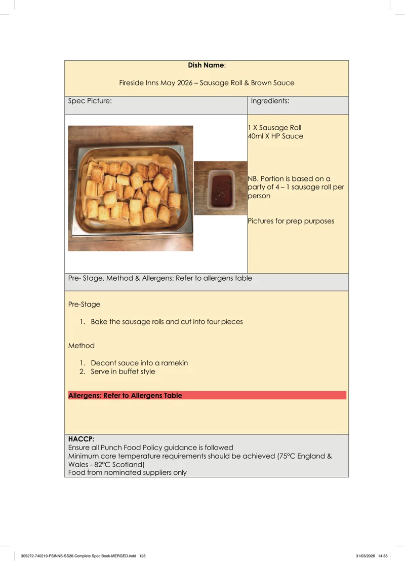 Sausage Roll & Brown Sauce spec sheet