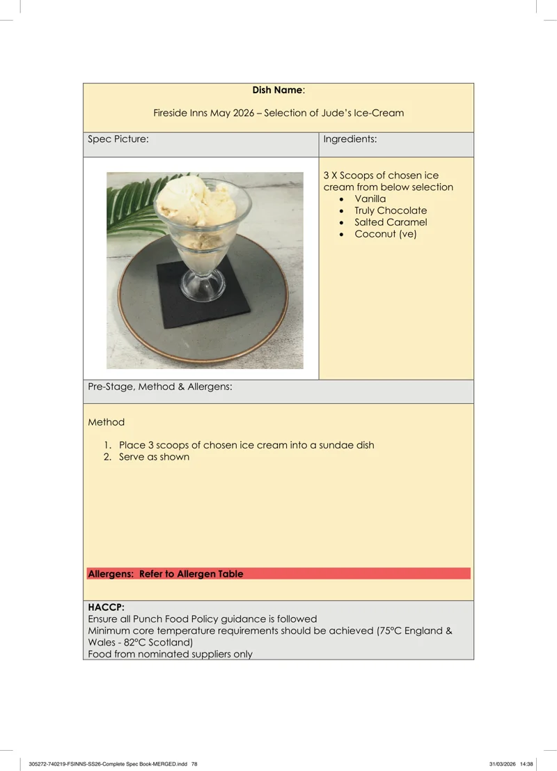 Selection of Jude’s Ice-Cream spec sheet
