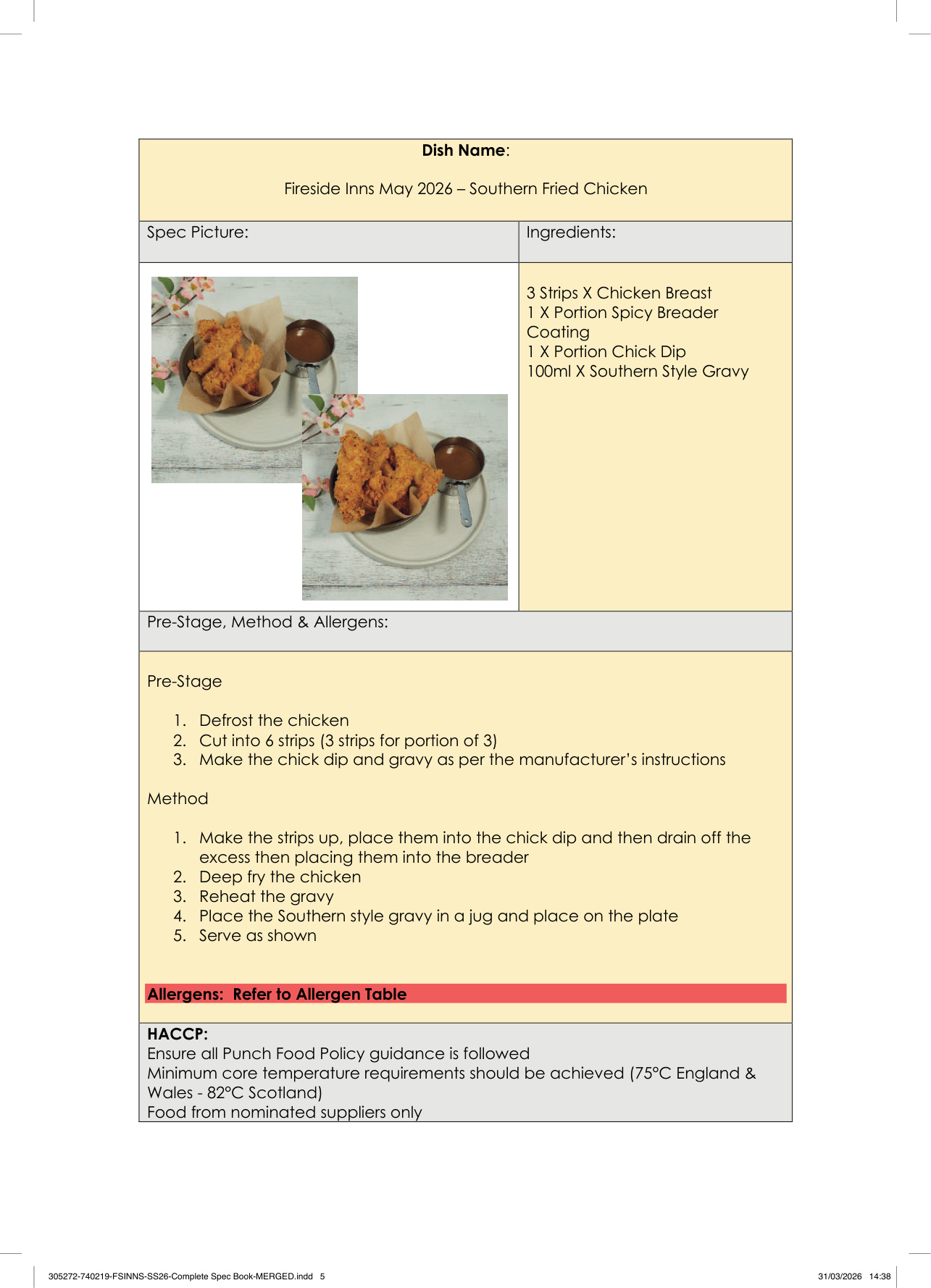 Southern Fried Chicken spec sheet