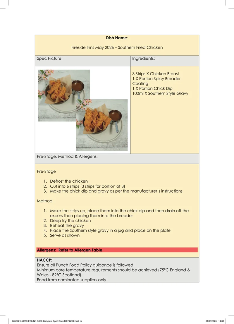 Southern Fried Chicken spec sheet