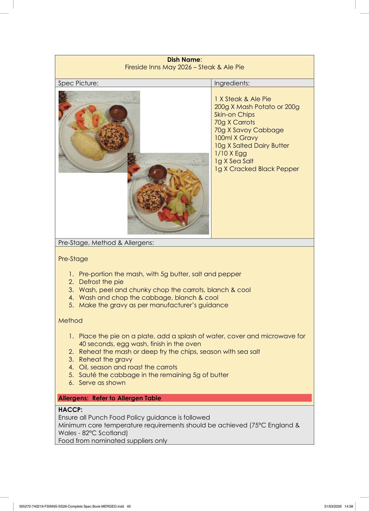 Steak & Ale Pie spec sheet