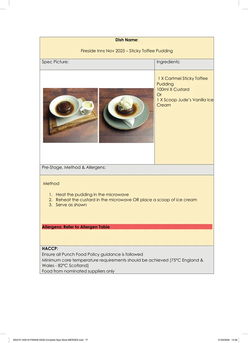 Sticky Toffee Pudding spec sheet
