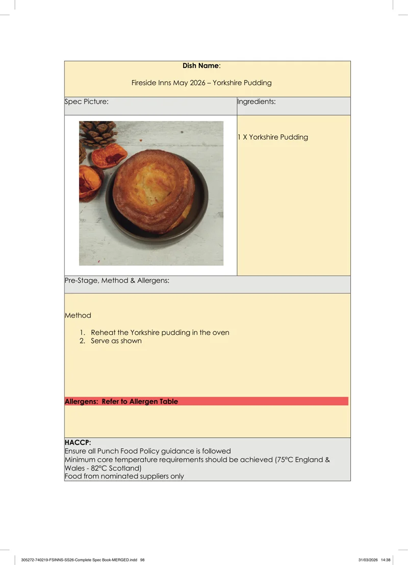 Yorkshire Pudding spec sheet